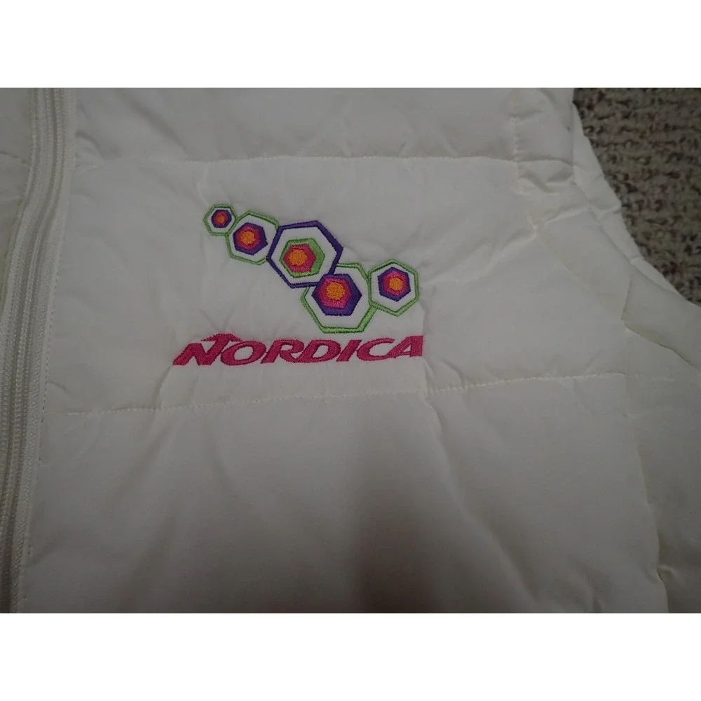 Nordica‎ Puffer Vest Women Large White Excellent Hooded Embroidered Ski Gorpcore